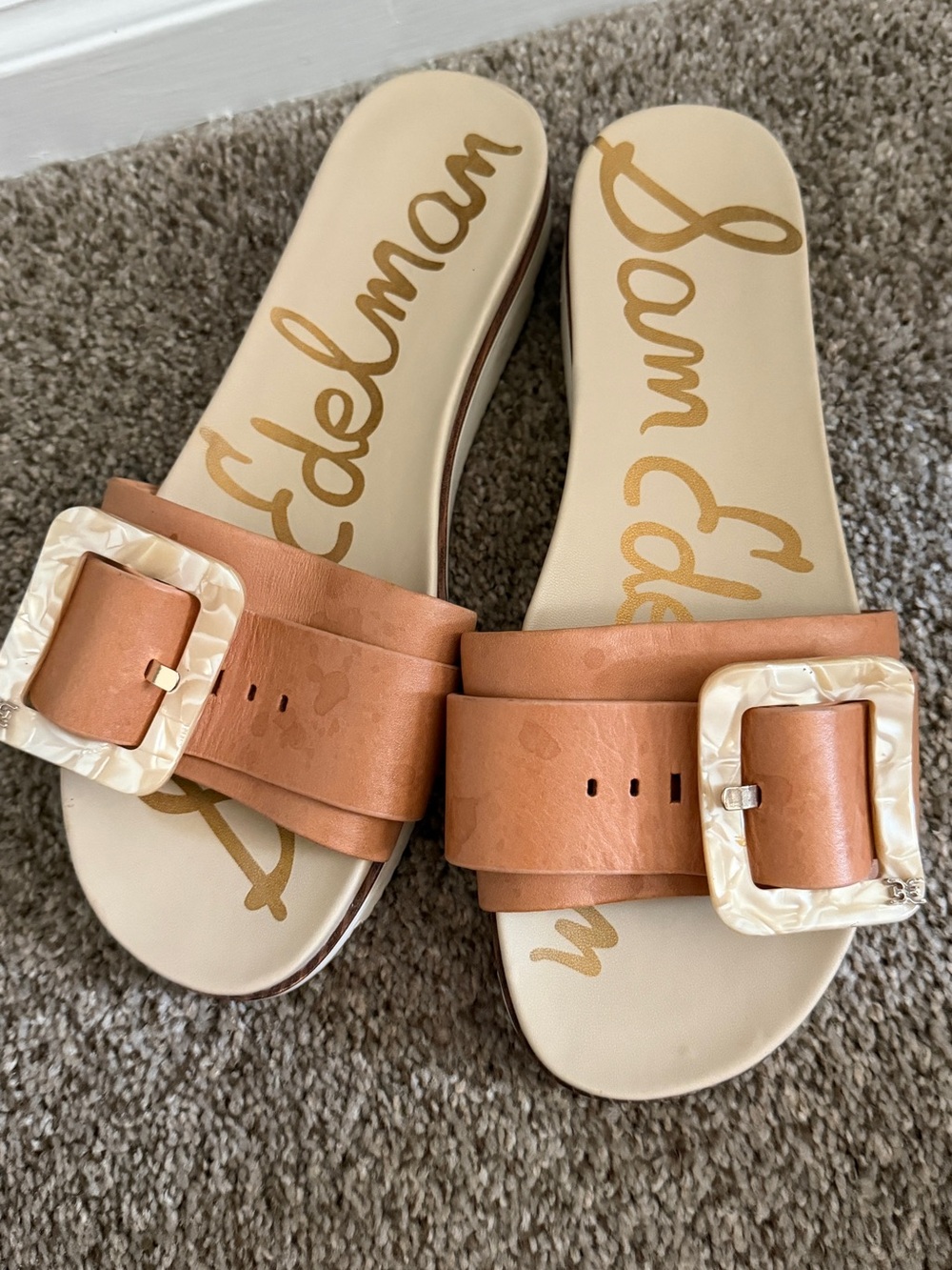 Sam Edelman Tan Leather Slide Sandals with Cream Buckles
